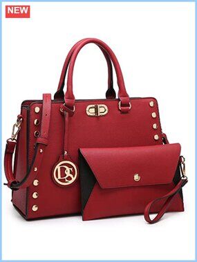 Vegan Leather Satchel Handbag and Clutch 2 Piece Set Work Tote